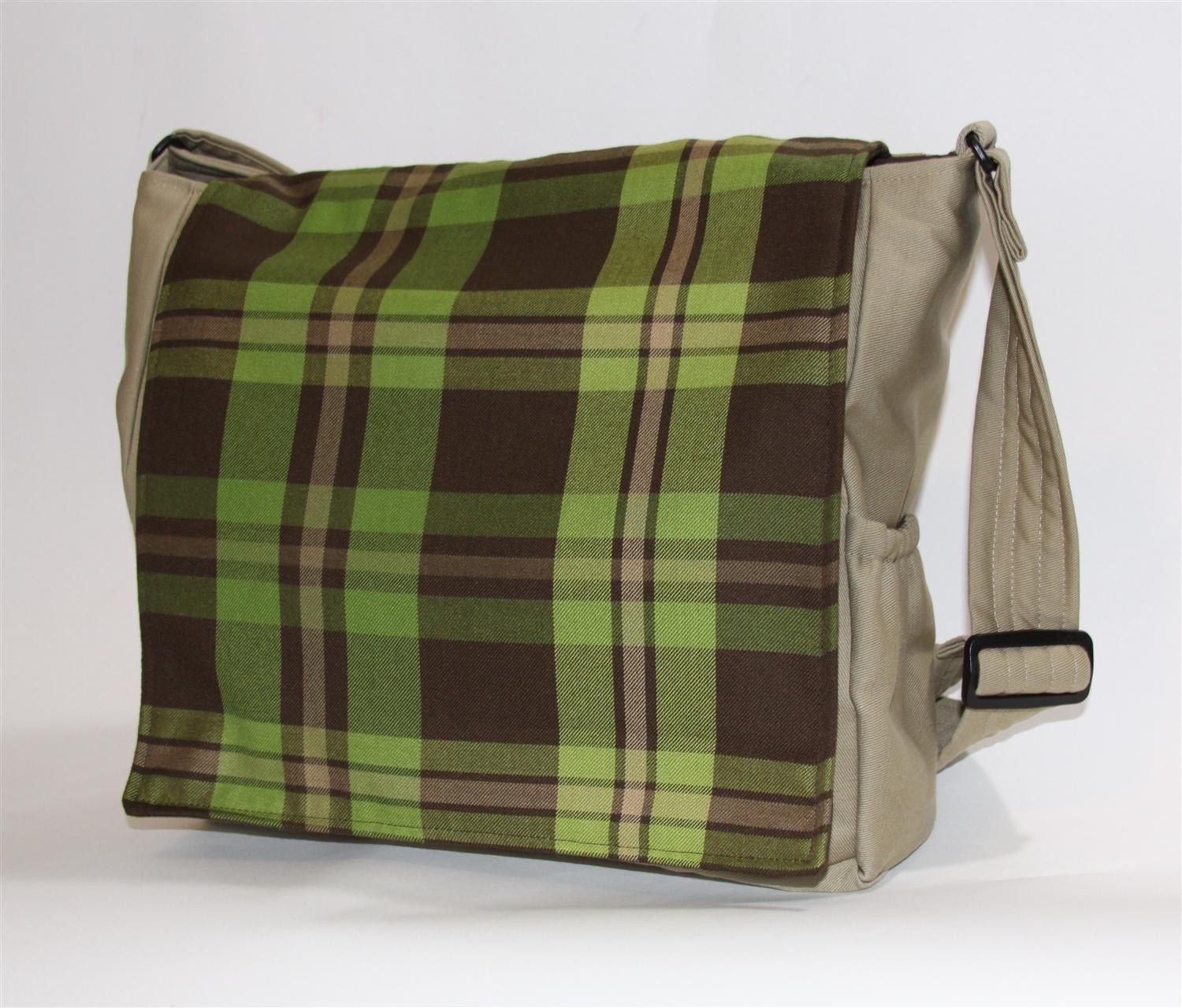 Plaid Messenger Bag - School or Diaper Bag - Green, Brown, Tan