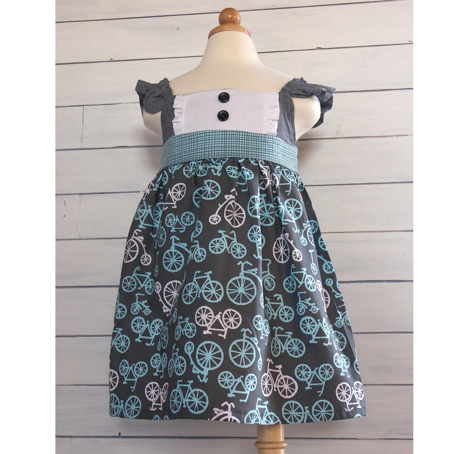 Bicycles Toddler Dress in Blue and Grey with Ruffled Bodice - 12m, 18m, 2T, 3T, 4T