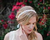 Something Blue.... Pearl Beaded Bridal Tie Headband or Halo, wedding