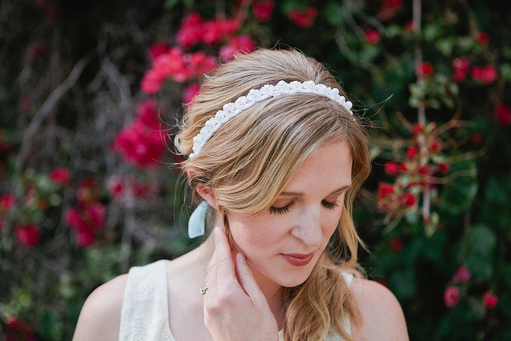 Something Blue.... Pearl Beaded Bridal Tie Headband or Halo, wedding