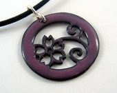 Sakura enamel pendant in pink purple on copper with leather cord
