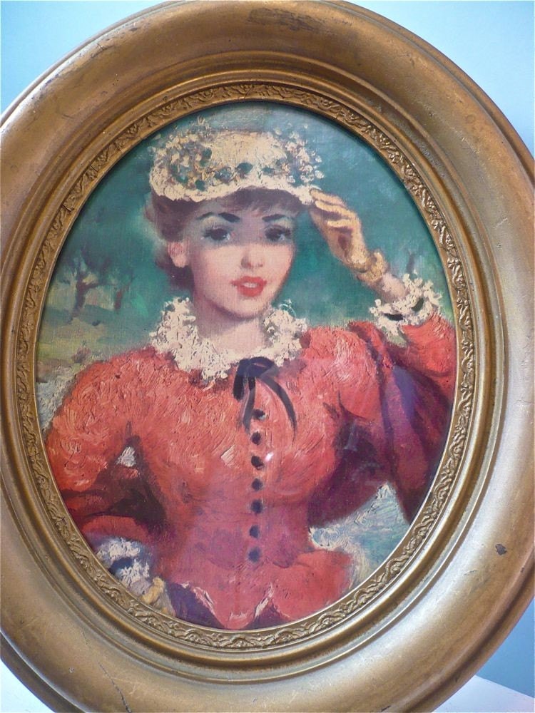 Vintage Antique Pretty Lady Portrait in Oval Frame