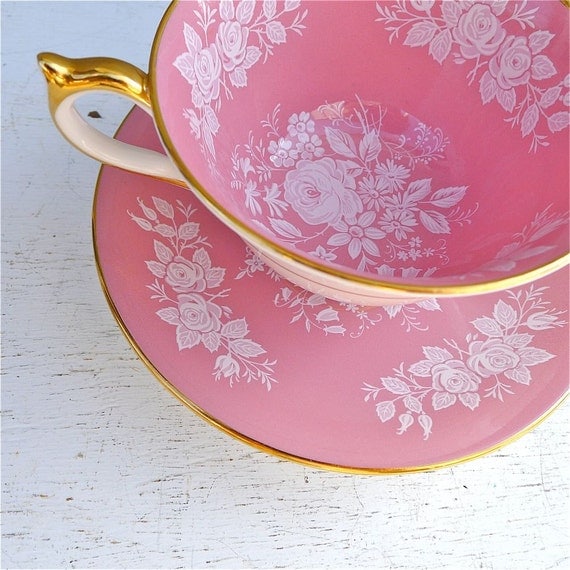 Vintage Aynsley Pink and White Floral Rose Tea Cup and Saucer