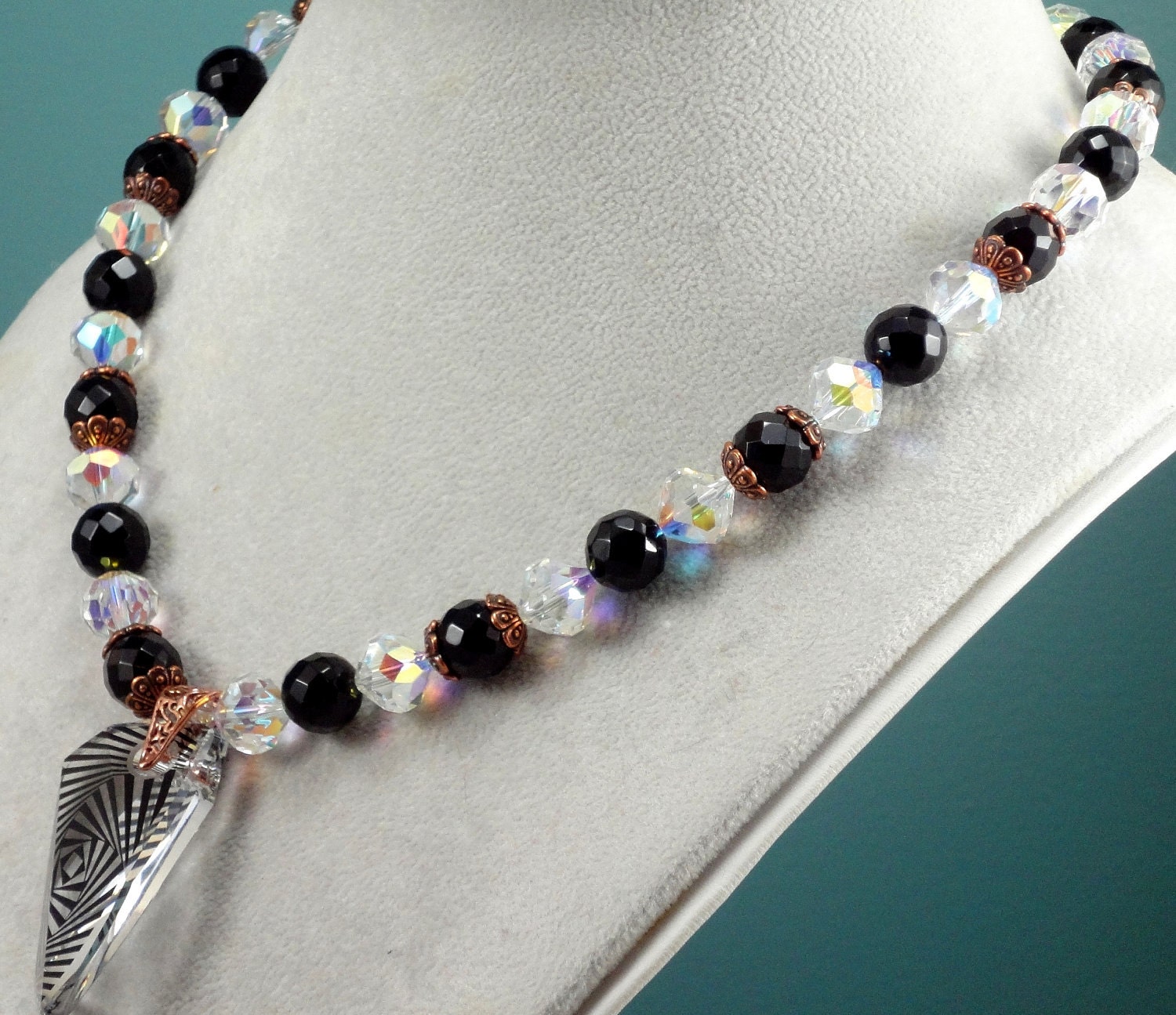 Black Onyx Gemstone and Swarovski Crystal Necklace, Zebra Pendant, Copper Accents, Designed by Val