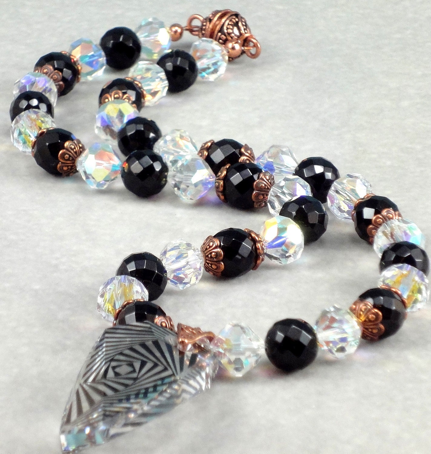 Black Onyx Gemstone and Swarovski Crystal Necklace, Zebra Pendant, Copper Accents, Designed by Val