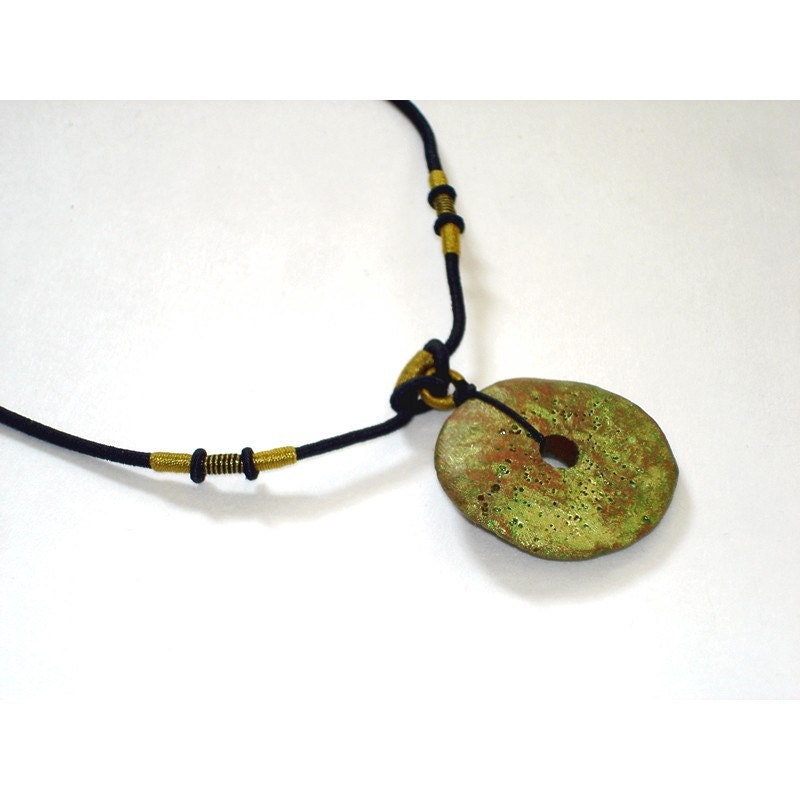 Green Raku Ceramic Disk Necklace Organic Necklace, Clay Circle, Boho chic Jewelry, Adjustable Length - blueroompottery