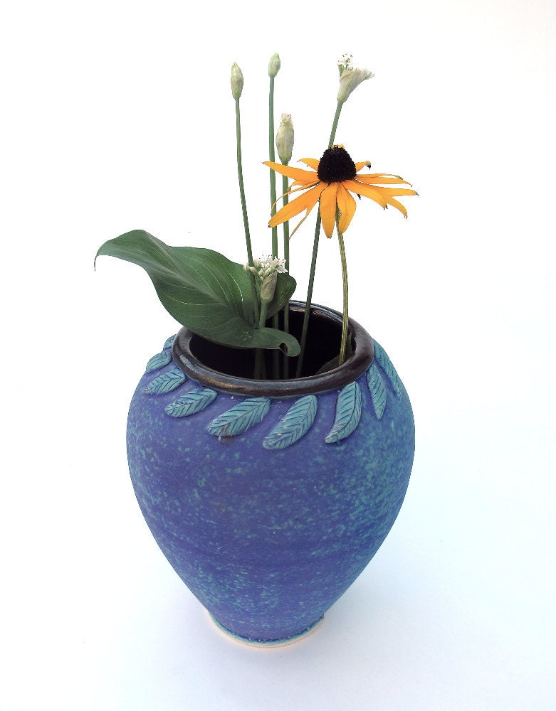 Blue Vase, Modern Oval Ceramic Vessel, Robin's Egg Home Decor Minimalist Handmade Pottery Purple floral arrangements garden wedding