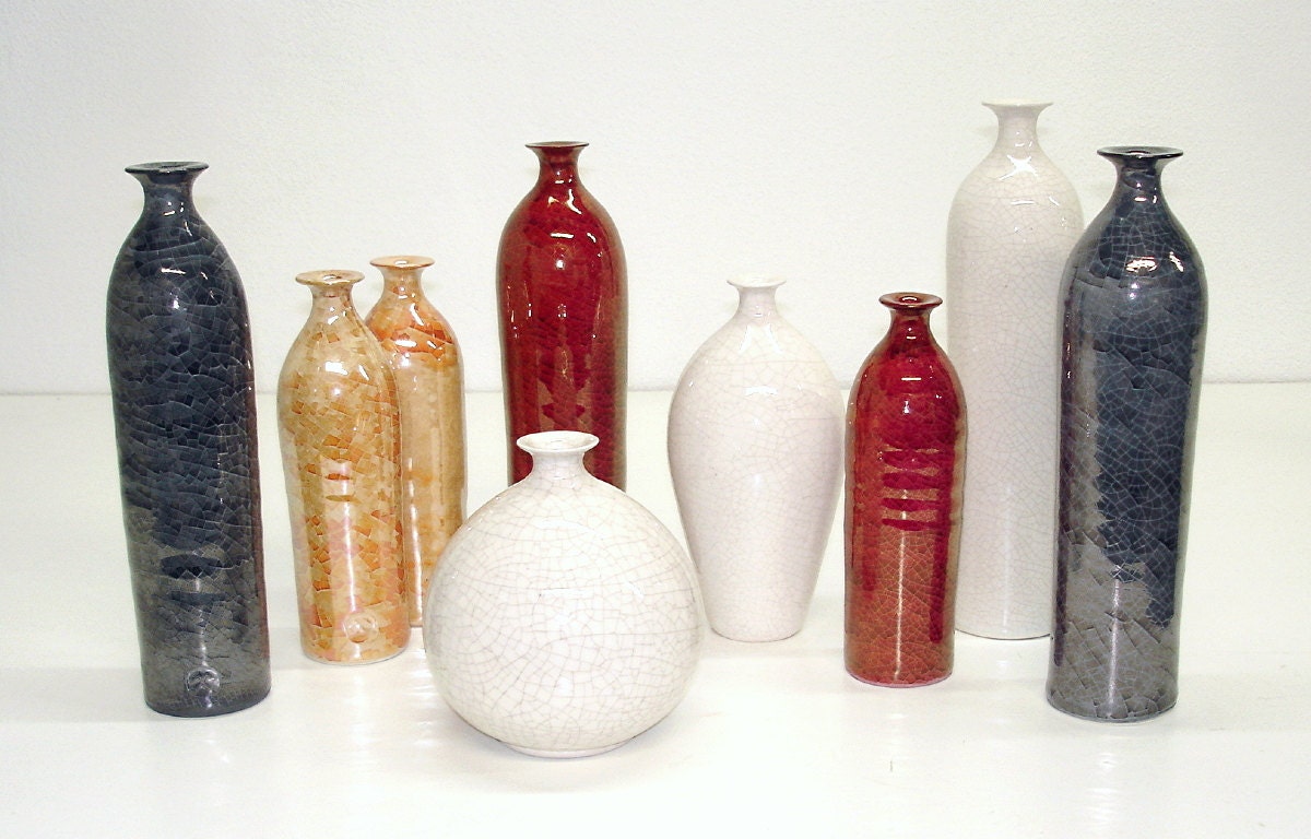 9 Minimal Ceramic Bottles Vases -  Summer Decor - wheel thrown Handmade Pottery bottle - red smokey black white wedding registry Gift orange