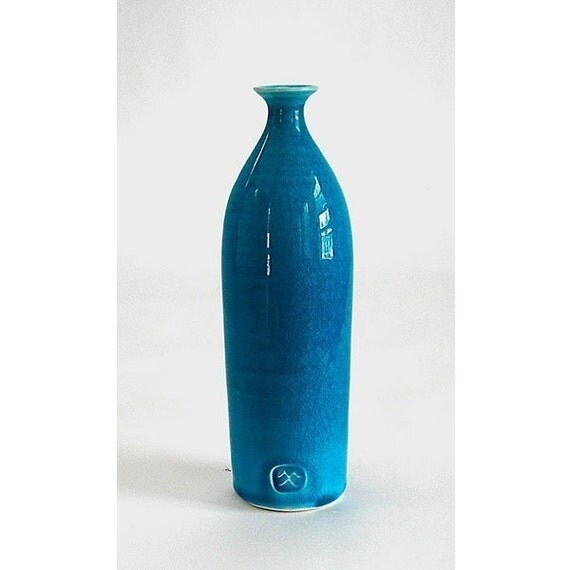 Turquoise Blue Straight Ceramic Bottle Bud vase Handmade graphic Pottery Spring Home Decor Coastal ocean aqua