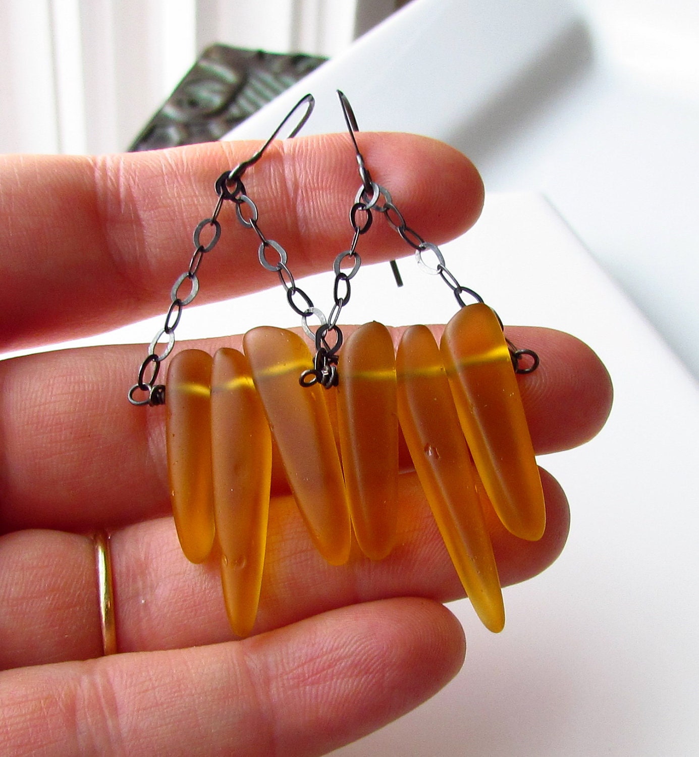 Amber Yellow Recycled Sea Glass Earrings, Geometric Golden Daggers, Oxidized Sterling Silver Wire Wrapped