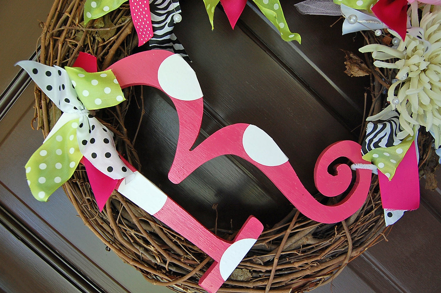 Totally Custom Initial Wreath with flowers ribbon wooden letter and vine wreath Great wedding gift