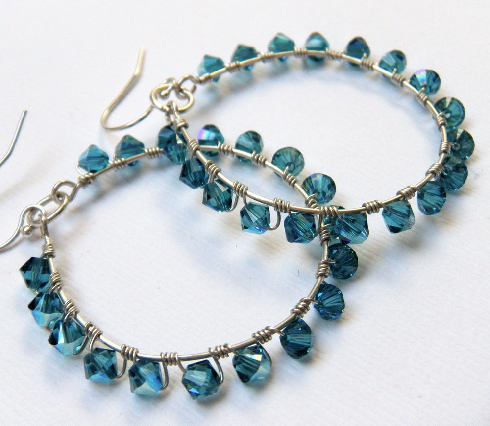 Blue Crystal Hoop Earrings, Hoop Earrings, Swarovski Earrings, Crystal Hoop Earrings - Atlantic Blue Crystal Hoops