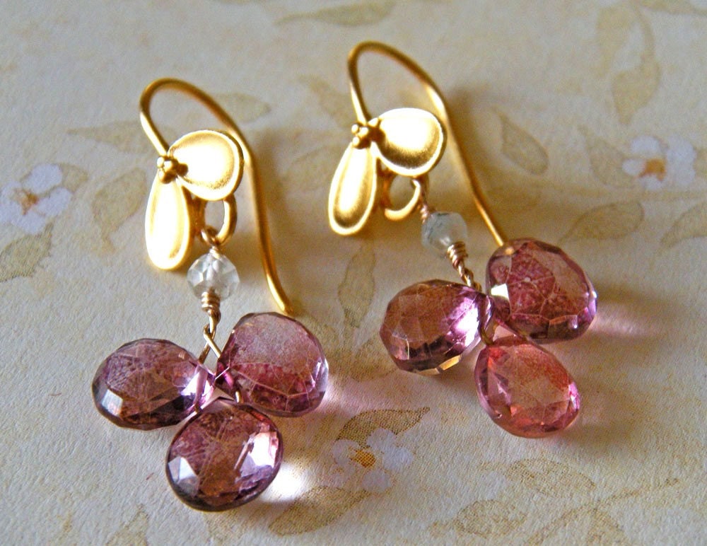 Gold Floral Earrings, Pink Petal Earrings, mystic pink quartz and gold, Valentine's Day Gift For Her - Derbyshire Blossoms