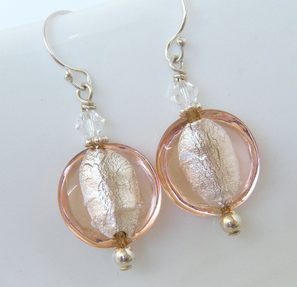 Honeysuckle Pink and Silver Venetian Glass Earrings - merryalchemy