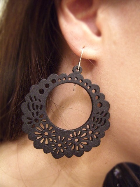 Sale Wood Earrings - Flower Shaped Earrings - Intricately Carved/Cut Wood Earrings - Black Lace - Yoga Lover