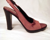 vintage high heel sling back in maroon fabric, patent leather  by Via Spiga Italy.  deadstock unworn, size 7 1/2 n