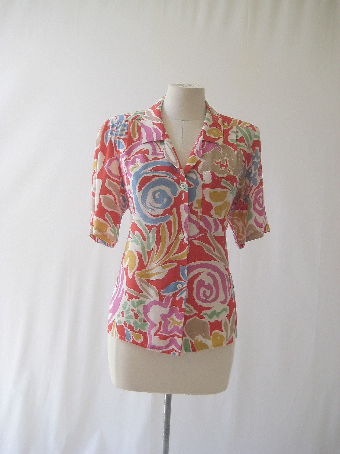 vintage Oleg Cassini bright printed silk blouse
