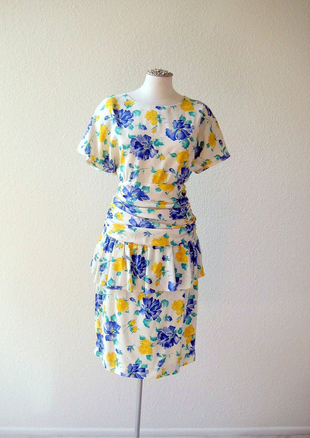 vintage 80's Flower Field ruched rayon dress by Jane Singer