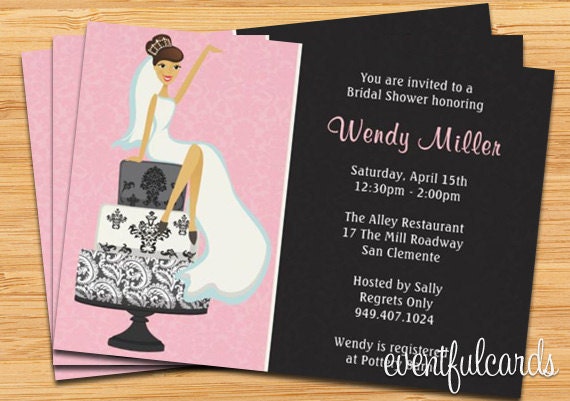 Bridal Shower Invitation Pink and Black Damask Cake Il_570xn