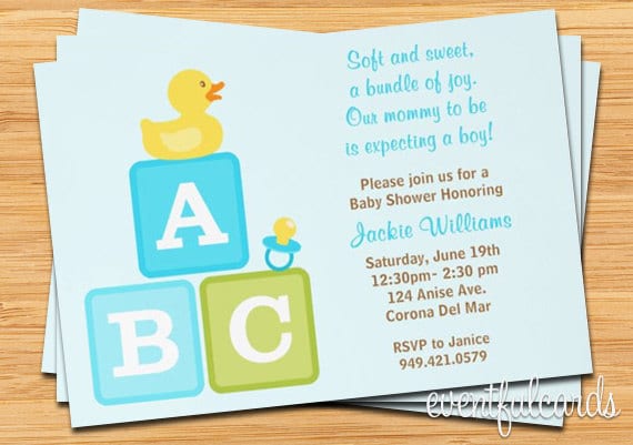 Boy Baby Shower Invitation - ABC Blocks, Duckie and Pacifier - Blue - Customizable Il_570xn