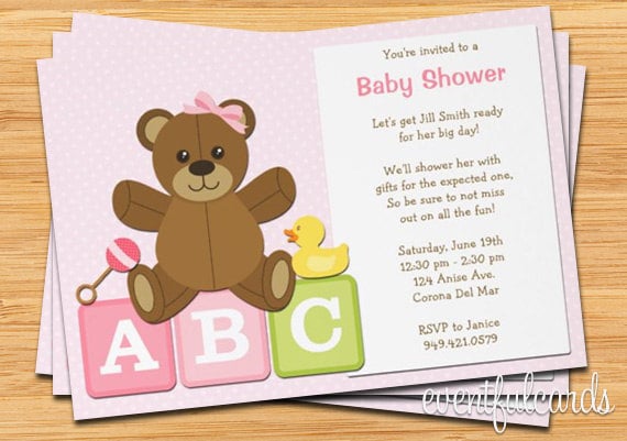 Baby Shower Invitation - Teddy Bear Rattle and Ducky - Pink Customizable Il_570xn