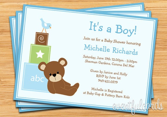 Blue Teddy Bear Baby Shower Invitation - Baby Blocks and Bird Il_570xn