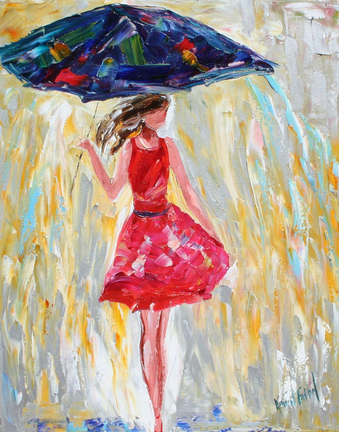 Fine art Print - Rain Dance in Red - from oil painting by Karen Tarlton impressionistic palette knife fine art
