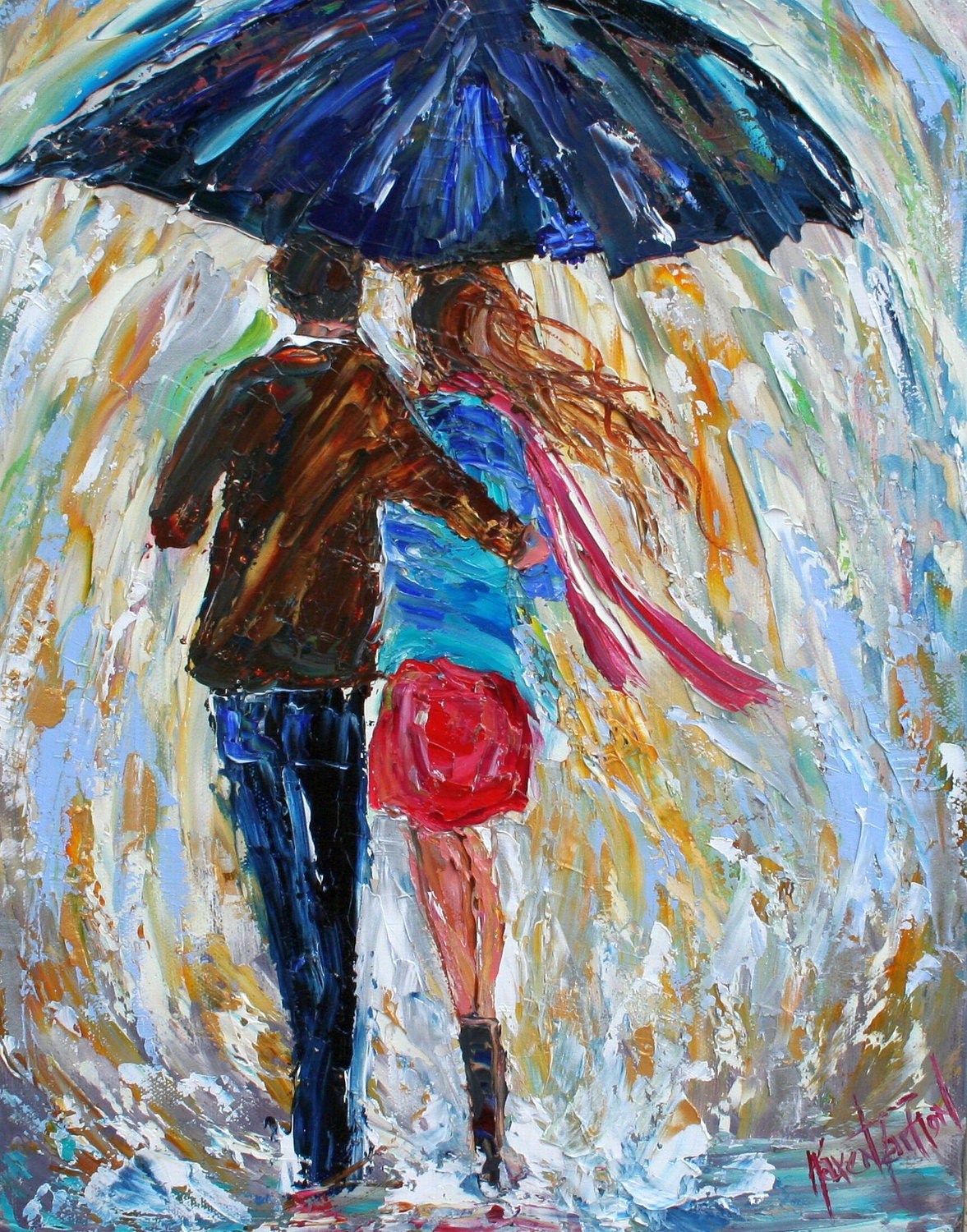 Fine art print 11" x 14" Love in the Rain - from oil painting by Karen Tarlton - impressionistic palette knife modern art