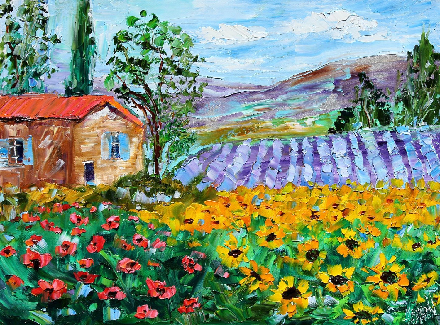 Sale painting original oil Provence Poppies, Sunflowers and Lavender palette knife on canvas fine art impressionism by Karen Tarlton