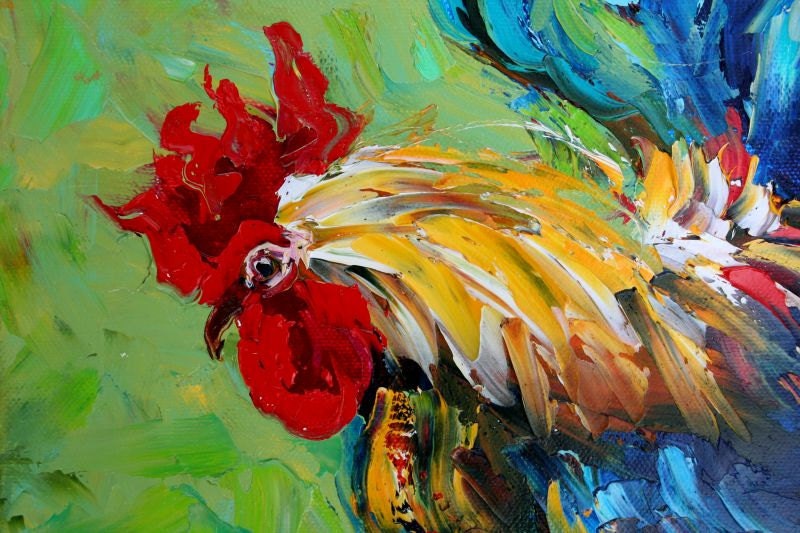 Original oil painting impasto ROOSTER palette knife fine art impressionism by Karen Tarlton