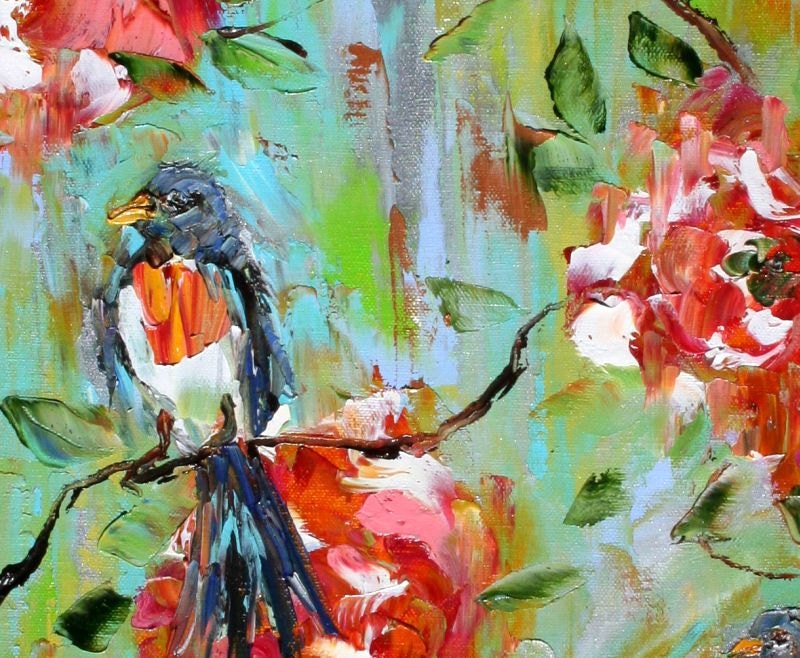 Original Oil Painting Spring Birds Flowers impressionism decorative modern palette knife fine art by Karen Tarlton