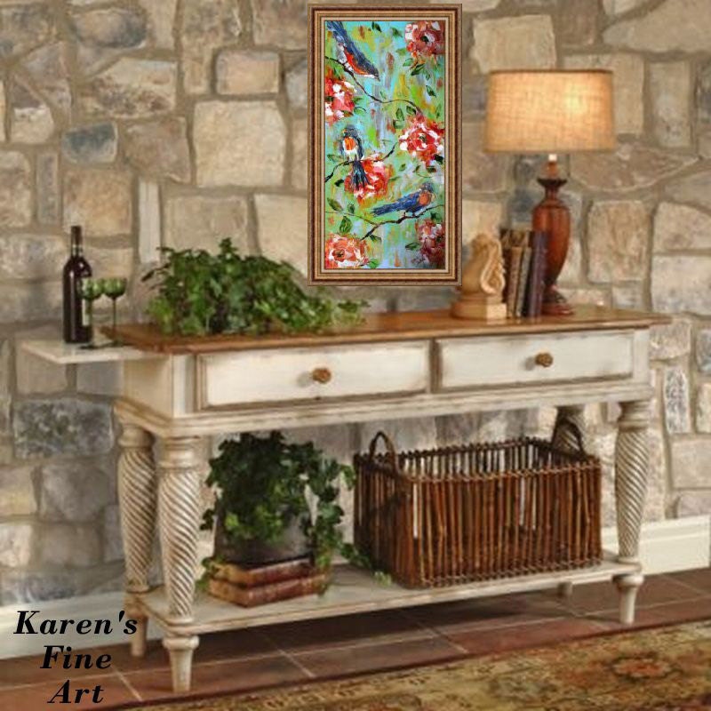 Original Oil Painting Spring Birds Flowers impressionism decorative modern palette knife fine art by Karen Tarlton
