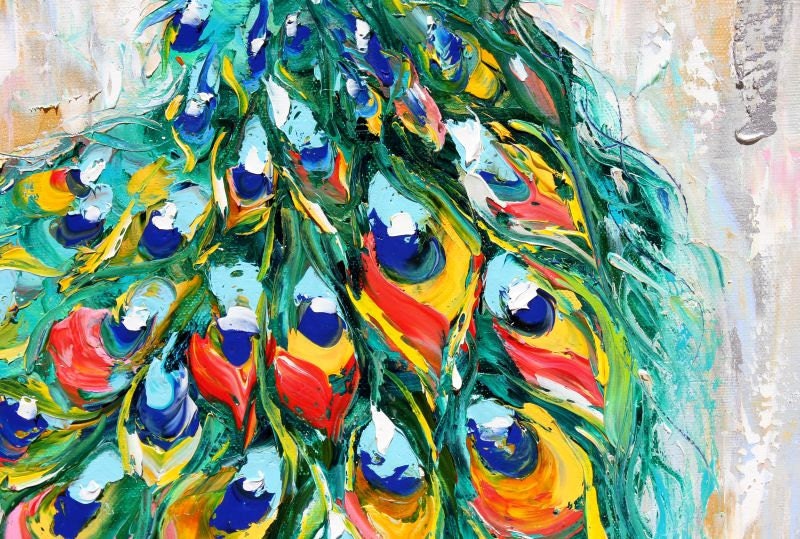 Original oil painting PEACOCK bird decorative palette knife fine art impressionism by Karen Tarlton