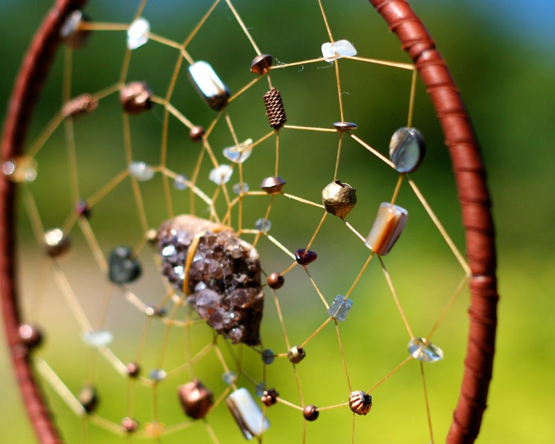 Dreamcatcher - rust with smoky amethyst, crystals and mother of pearl