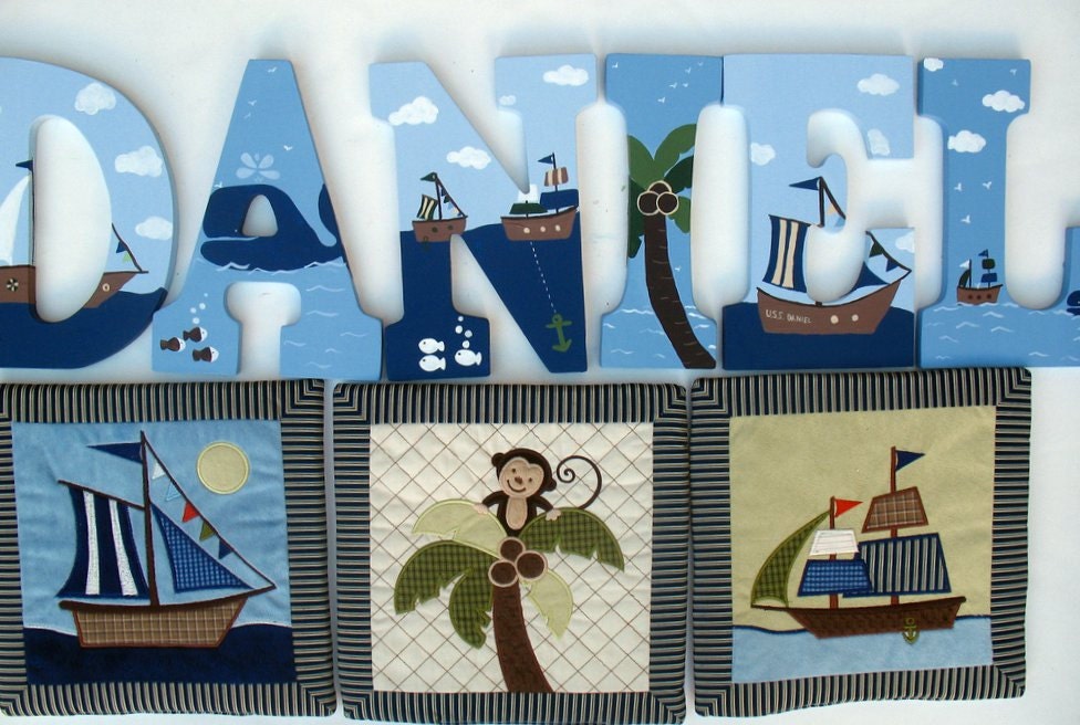 Nursery room decor  Personalized Name Wall letters Nautical Ahoy Mate Pirate Painting