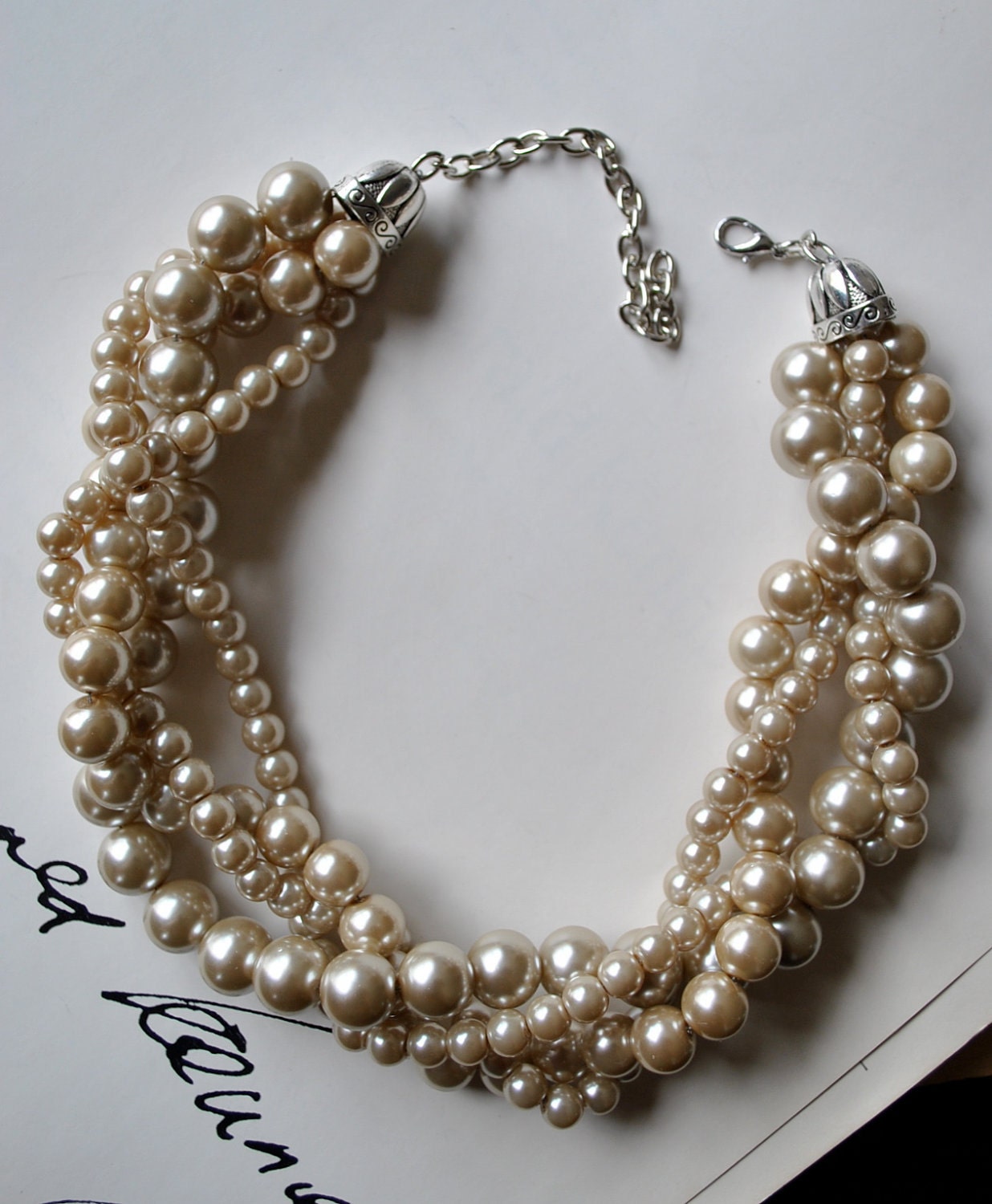 Champagne Chunky Pearl-4 Strand- Twisted Statement Necklace