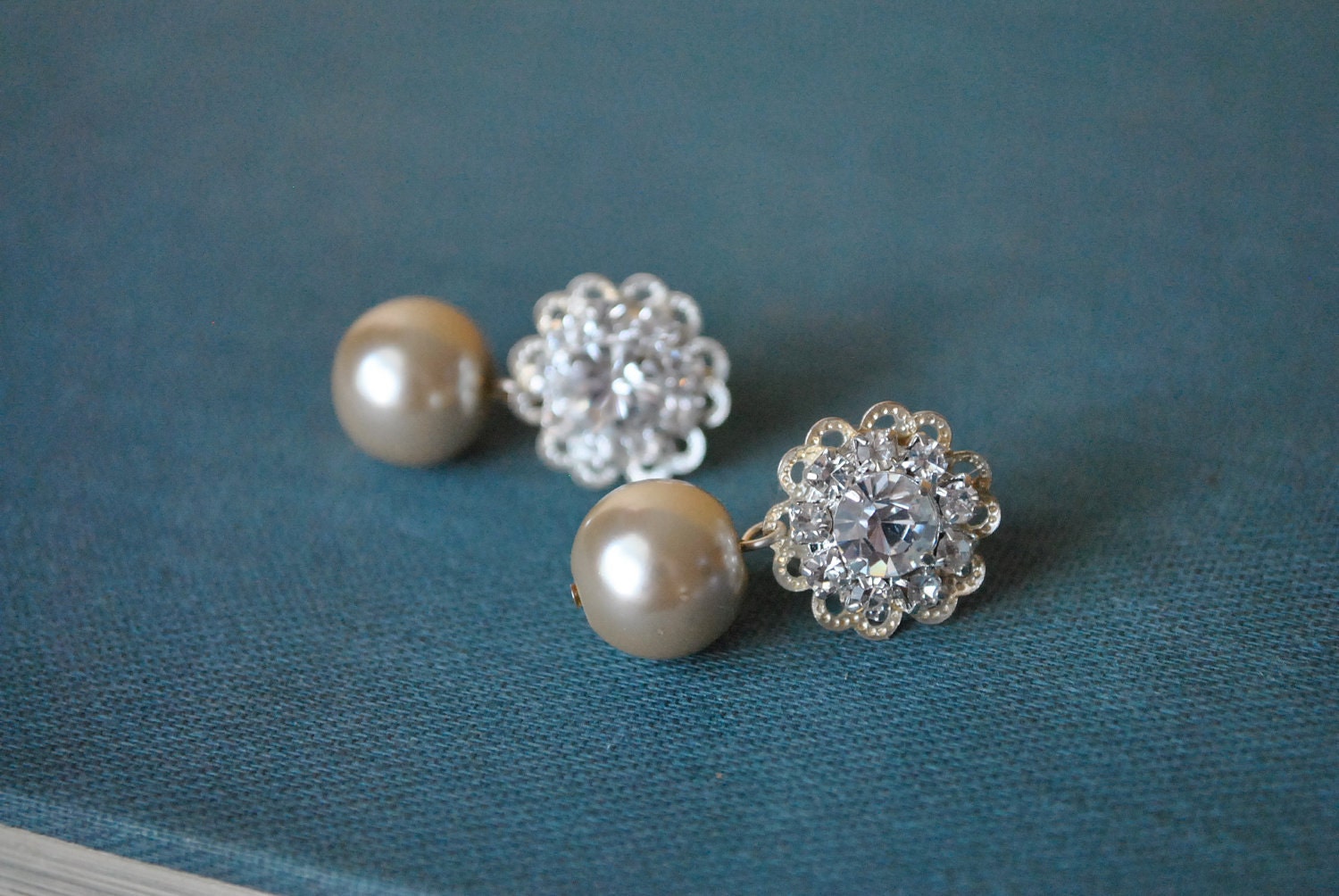 Rhinestone Champagne Pearl Drop Earring Studs
