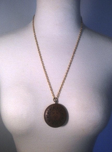 Vintage Gold Necklace with Wooden Smiling Sun Pendant