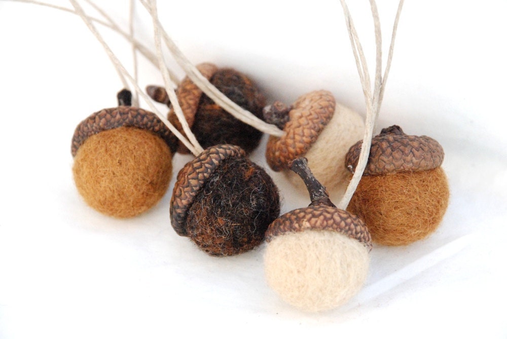 6 Wool Felted Acorn Ornaments, Brown, Latte, Coffee, Needle Felted