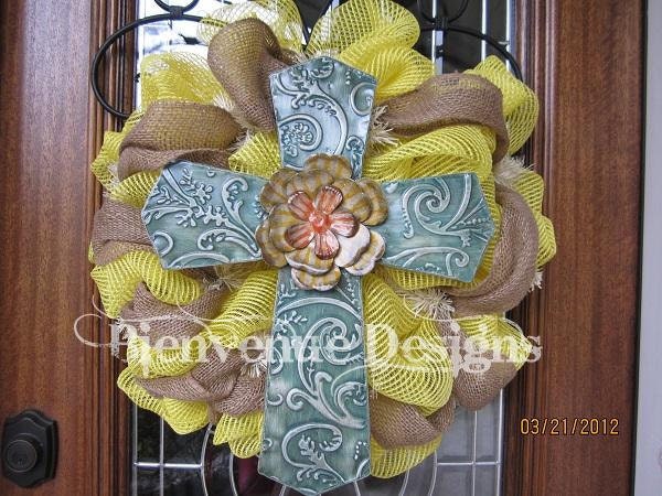 Yellow Tin Cross Mesh Wreath