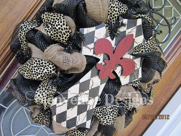 Diamond Fleur De Lis Cross Leopard Mesh Wreath