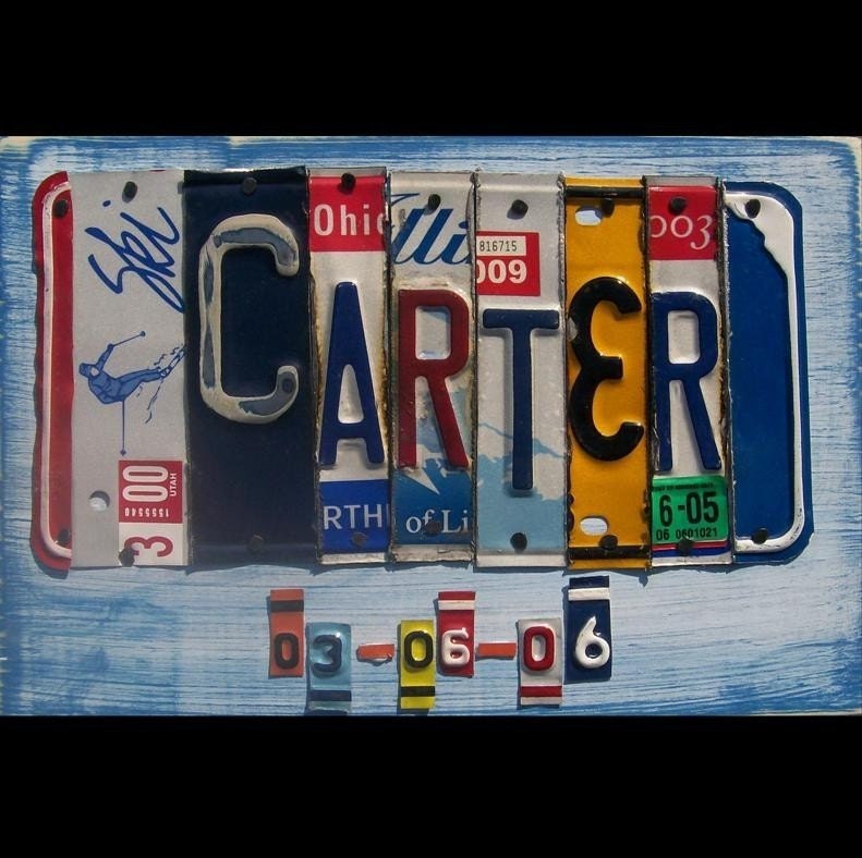 License Plate Sign - Funky Wedding Anniversary Word Block with name and date - Custom Signs Available - Recycled Vintage Art - Salvaged Wood - Upcycled Artwork