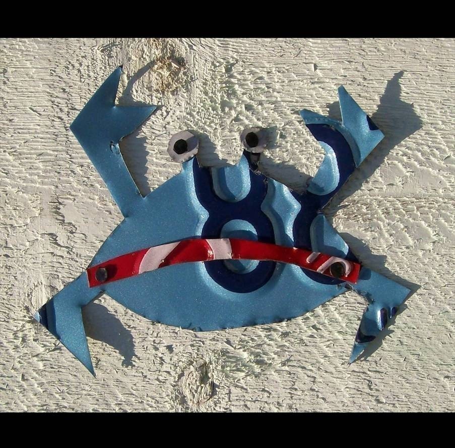 Crazy Blue Crab - Recycled Vintage License Plate Art - Salvaged Wood - Upcycled Artwork
