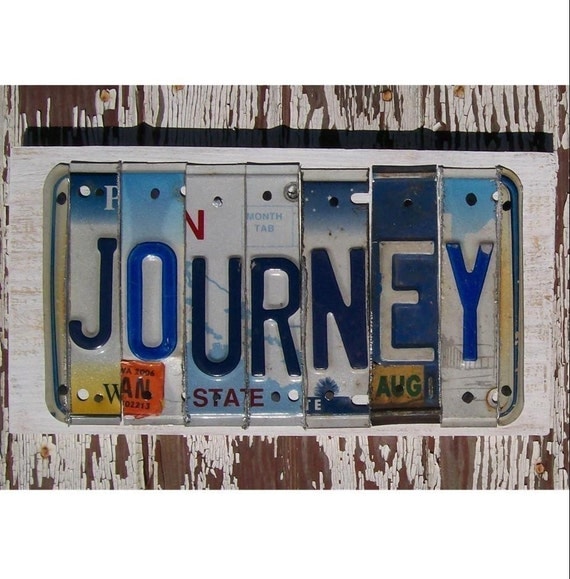 License Plate Sign - Funky Journey Word Block - Custom Words Available - Recycled Vintage Art - Salvaged Wood - Upcycled Artwork