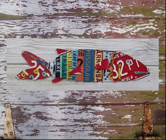 License Plate Art - Beach One Fish Two Fish Red Fish - Nautical Awesome Blue Recycled Art Company - Salvaged Wood - Upcycled Artwork