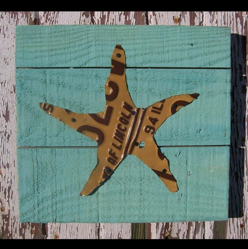 Palm Tree on the Beach - Recycled Vintage License Plate Art - Salvaged Wood - Upcycled Artwork