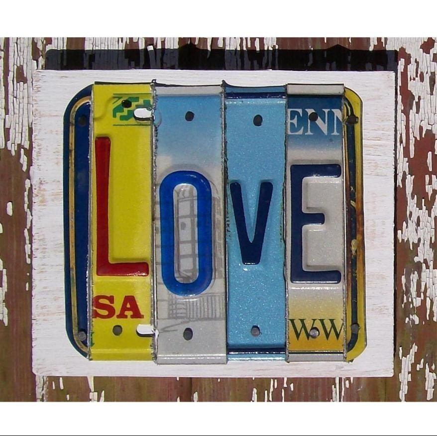 Funky Love Word Block - Custom Words Available - Personalized Wedding - Recycled License Plate Sign Art - Salvaged Wood - Upcycled Artwork
