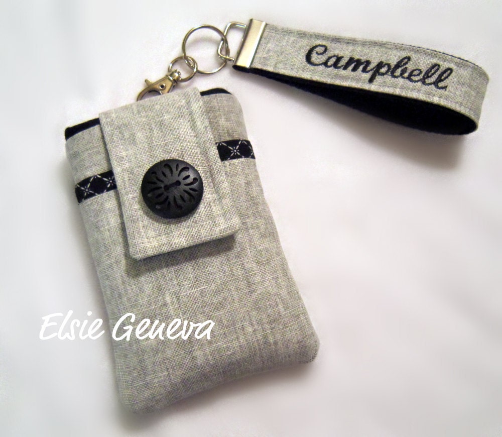 Gray and Black or Gray and Pink Personalized Japanese Cotton / Linen Blend Phone Case with Wristlet Green Blue Yellow Orange Purple