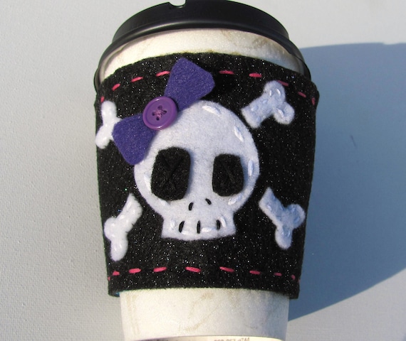 reversible glitter Skull and cross bones felt coffe cozy black heart