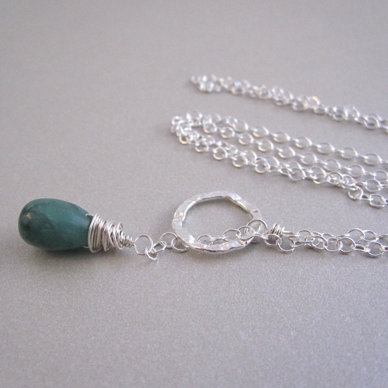 Aventurine lariat necklace, sterling silver, emerald green